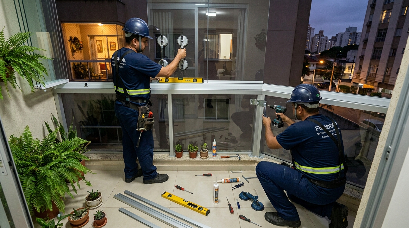 Instalação noturna de parede de vidro em Cuiabá-MT